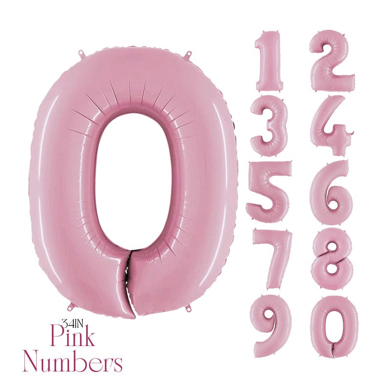 May include: Pink number balloons, including the number 0, and numbers 1 through 9. The balloons are 34 inches in height and are a light pink color. The text "Pink Numbers" is printed in the bottom left corner.