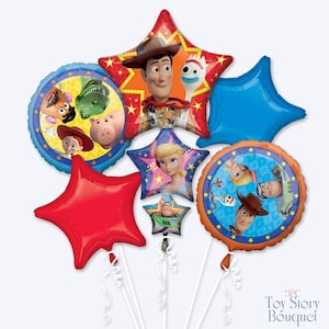 May include: A bouquet of Toy Story-themed balloons. The arrangement includes star and circular balloons featuring characters like Woody, Buzz Lightyear, and Bo Peep. The balloons are in red, blue, and yellow colors.