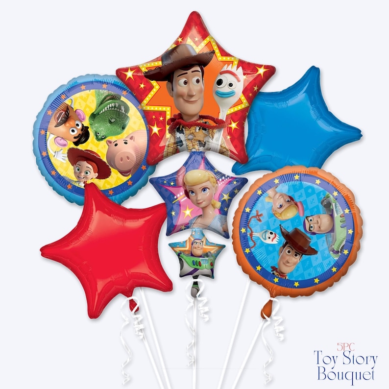 May include: A bouquet of Toy Story-themed balloons. The arrangement includes star and circular balloons featuring characters like Woody, Buzz Lightyear, and Bo Peep. The balloons are in red, blue, and yellow colors.