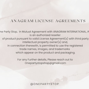 May include: A cream-colored background with text that reads "ANAGRAM LICENSE AGREEMENTS." The text details the terms of use for product licensing, including reseller authorization and trademark usage. Contact information is provided.
