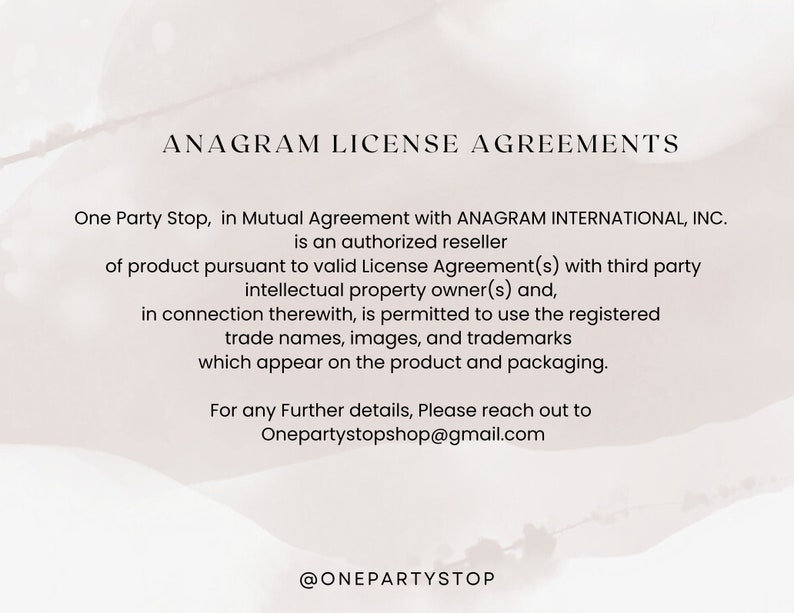 May include: A cream-colored background with text that reads "ANAGRAM LICENSE AGREEMENTS." The text details the terms of use for product licensing, including reseller authorization and trademark usage. Contact information is provided.