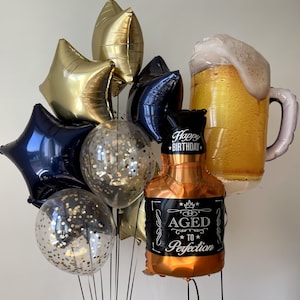 Aged to perfection balloon bouquet whiskey beer theme”

“Milestone birthday balloon bouquet adult party decor”

“Whiskey and beer balloon bouquet birthday celebration”

“Aged to perfection birthday decorations balloon set”

“Adult birthday balloon bouquet with stars and confetti”
