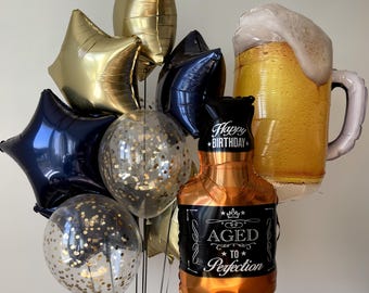 Birthday Party  Aged to Perfection Balloon Bouquet | Adult Birthday Balloons | Beer & Whiskey Balloon Set | Milestone Birthday Decor