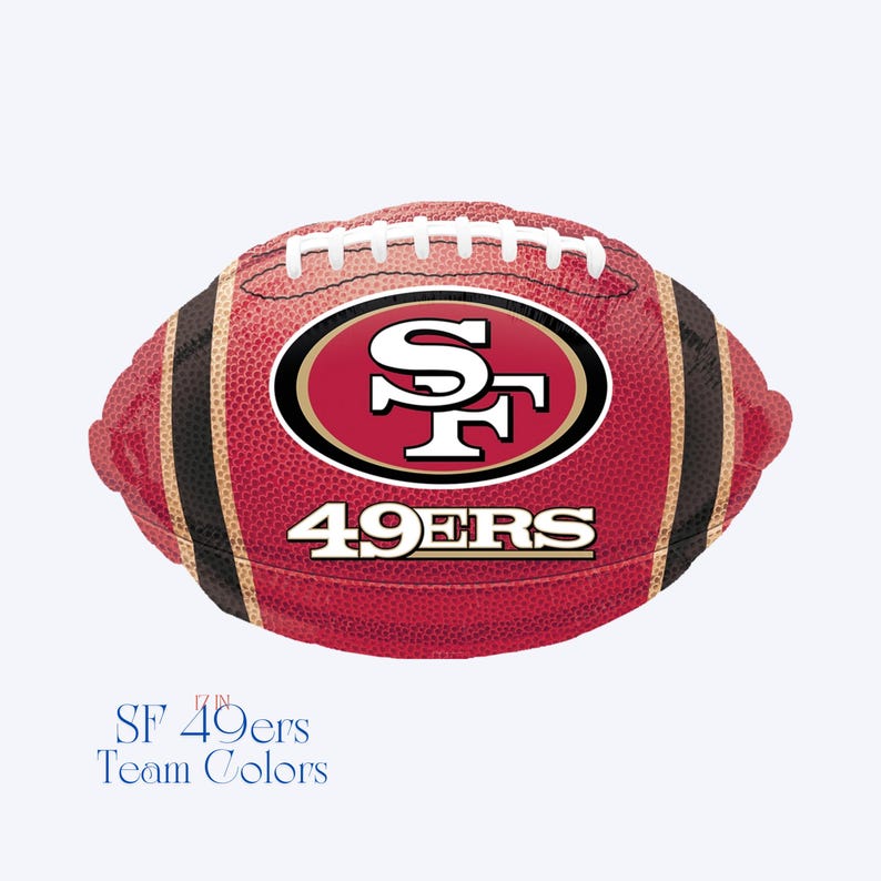 May include: Red, white, and gold football-shaped balloon with the San Francisco 49ers logo and the words "49ers" printed on it.