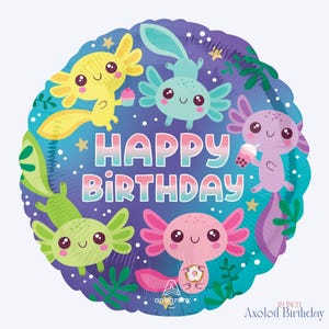 Peut inclure: Ballon rond d'anniversaire avec des axolotls color&eacute;s. Le ballon a un fond bleu et violet avec l'inscription "Happy Birthday". Les axolotls de diff&eacute;rentes couleurs tiennent des friandises.