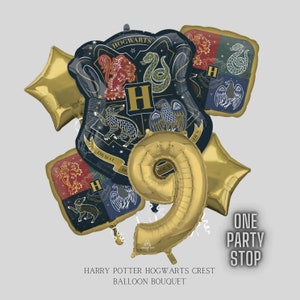 May include: A gold number 9 balloon, a gold star balloon, and four Hogwarts house crest balloons. The crest balloons feature the Hogwarts crest with the house mascots and the house colors. The balloons are arranged in a bouquet.