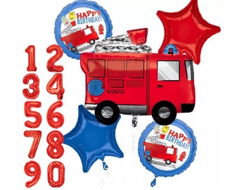 May include: A set of red and blue foil balloons featuring a fire engine, numbers 1-9 and 0, and two balloons that say "Happy Birthday!"