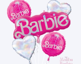 May include: A 5-piece Barbie balloon bouquet featuring one large pink Barbie script balloon, two round pink Malibu Beach Barbie balloons, and two iridescent heart-shaped balloons. The text 5PC Malibu Barbie Bouquet is printed in the bottom right corner.