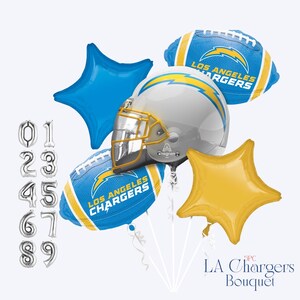 A 5-piece Los Angeles Chargers foil balloon bouquet featuring one Chargers football helmet-shaped balloon, two Los Angeles Chargers football-shaped balloons, one blue star balloon and one yellow/gold star balloon. Designed for Chargers birthdays, NFL football parties, game-day celebrations, watch parties, tailgates and sports-themed events. Balloons ship flat and uninflated.