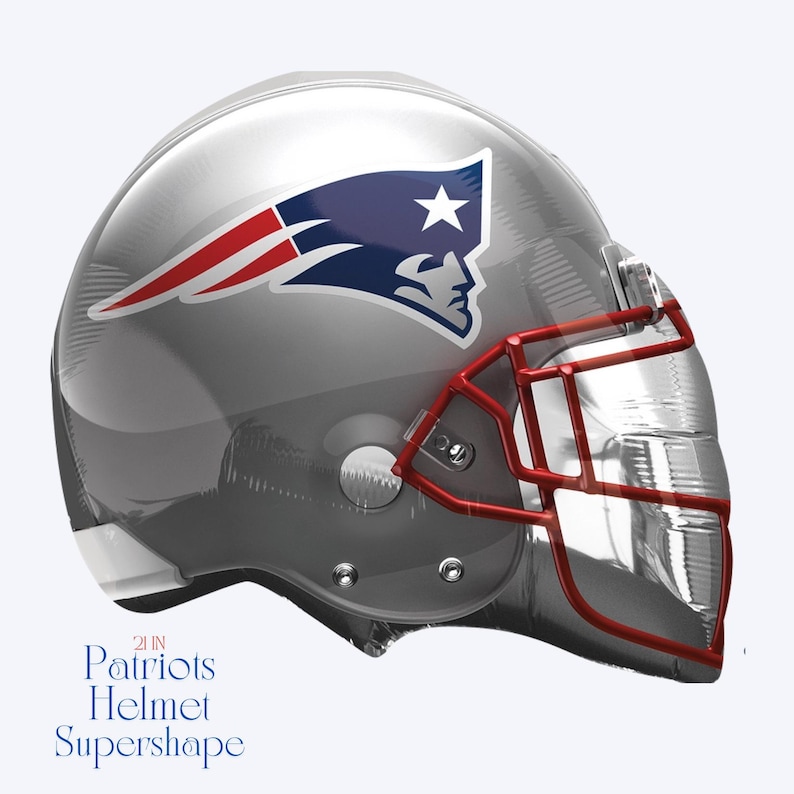 May include: A silver football helmet with a red facemask and the Patriots logo. The logo features a blue silhouette of a man's head with a white star, and a red and white banner. The text "21 IN Patriots Helmet Supershape" is at the bottom.