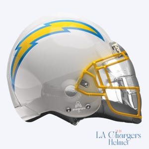 May include: A white football helmet balloon featuring a yellow lightning bolt logo with blue trim on the side and a yellow face mask. The balloon includes the Anagram logo and text stating 21 IN LA Chargers Helmet on the lower right side.