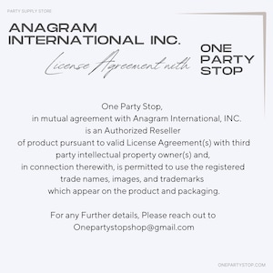 Peut inclure: Fond blanc avec du texte d'Anagram International Inc. et One Party Stop. Le texte comprend un accord de licence, des informations sur le revendeur et les coordonn&eacute;es pour plus d'informations.