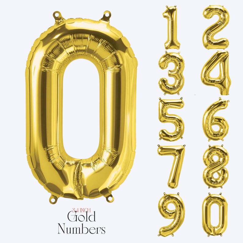 May include: A collection of metallic gold foil balloons shaped as numbers zero through nine. Each balloon features small tabs at the top and bottom for hanging. The text 34 INCH Gold Numbers is printed at the bottom of the large zero balloon.