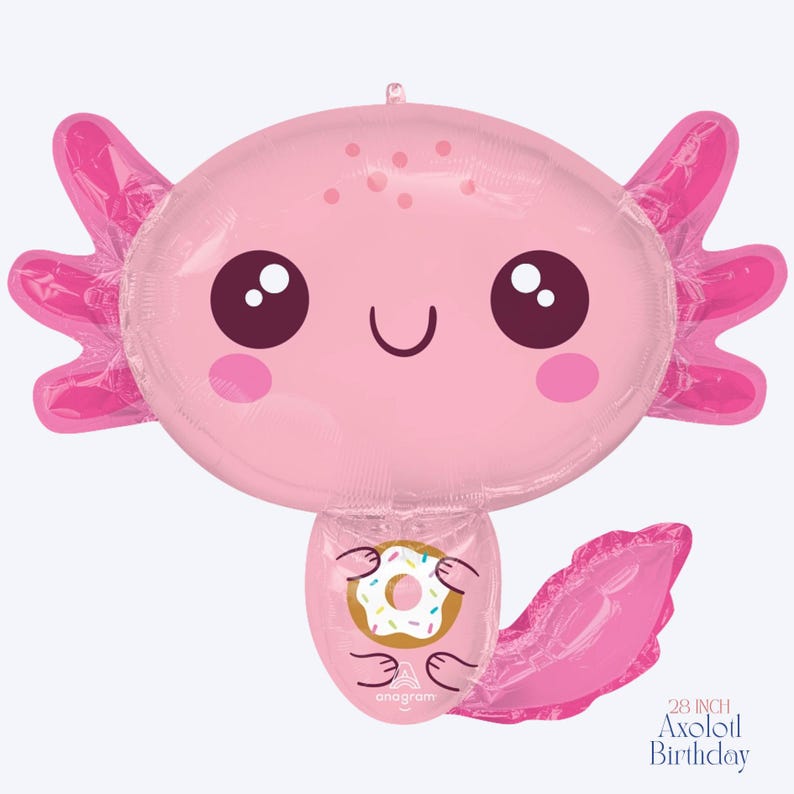 Peut inclure: Ballon rose en forme d'axolotl avec de grands yeux fonc&eacute;s et une bouche souriante. Le ballon tient un donut et a des branchies roses. Le texte "28 INCH Axolotl Birthday" est imprim&eacute; en bas &agrave; droite.