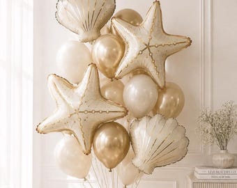 Seashell Balloons, Coastal Bridal Shower Decor, Starfish Balloon Bouquet, Beach Wedding Decorations, Under the Sea Party, Ivory Gold Balloon