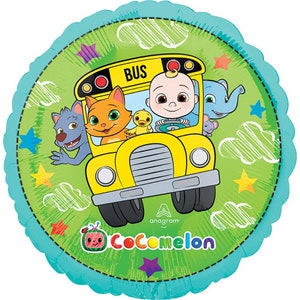 May include: A round, green and blue foil balloon with a yellow school bus on it. The bus has the words "BUS" on the front and is filled with characters from the Cocomelon cartoon. The balloon has the words "Cocomelon" and the Anagram logo on it.