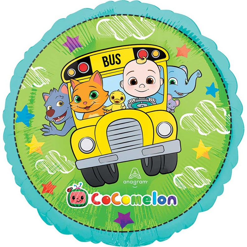 May include: A round, green and blue foil balloon with a yellow school bus on it. The bus has the words "BUS" on the front and is filled with characters from the Cocomelon cartoon. The balloon has the words "Cocomelon" and the Anagram logo on it.