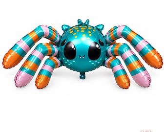 May include: A 37-inch spider-shaped foil balloon featuring a teal body with orange and pink striped legs. The spider has large black eyes, a small mouth with two fangs, and yellow spots on its head. Text at the bottom reads 37 INCH 4D Spider Air Fill Only.