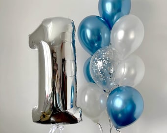 Ramo gigante de globos número 1, globos para el primer cumpleaños, conjunto de globos azul y plateado, decoración para el primer cumpleaños de niño, globo número uno, fiesta de bebé niño