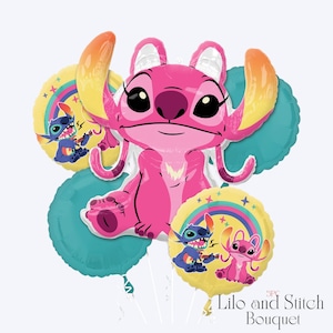 Angel Stitch Balloon Bouquet - Anagram Licensed | Lilo and Stitch Balloons | Birthday Girl Decoration | Baby Shower |Pink Stitch Party Decor
