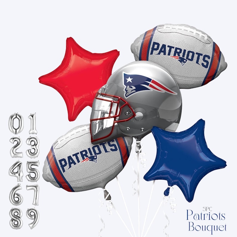May include: A collection of foil balloons in a patriotic theme. Includes a silver football helmet, two football-shaped balloons with "Patriots" text, two star-shaped balloons, and silver number balloons. The bouquet is labeled "5PC Patriots Bouquet."