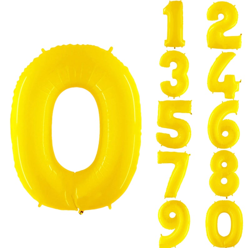 May include: A set of yellow balloon numbers, 0 through 9, for party decorations.