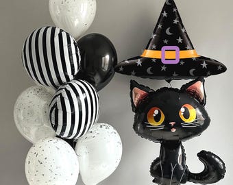 Globos de Halloween, ramo de globos de gato negro, decoración para fiestas con sombrero de bruja, decoraciones de cumpleaños de Halloween, lindos globos espeluznantes en blanco y negro.