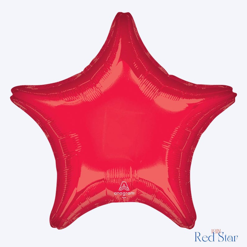 May include: A large, shiny red star-shaped balloon. The balloon has five points and is made of a reflective material. The word "anagram" is printed on the balloon. The text "Join Red Star" is in the bottom right corner.