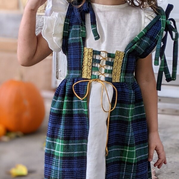 Scottish Medieval Fair Renaissance Tartan Costume or Photoshoot Flannel and Linen Girl Set of Two Dresses