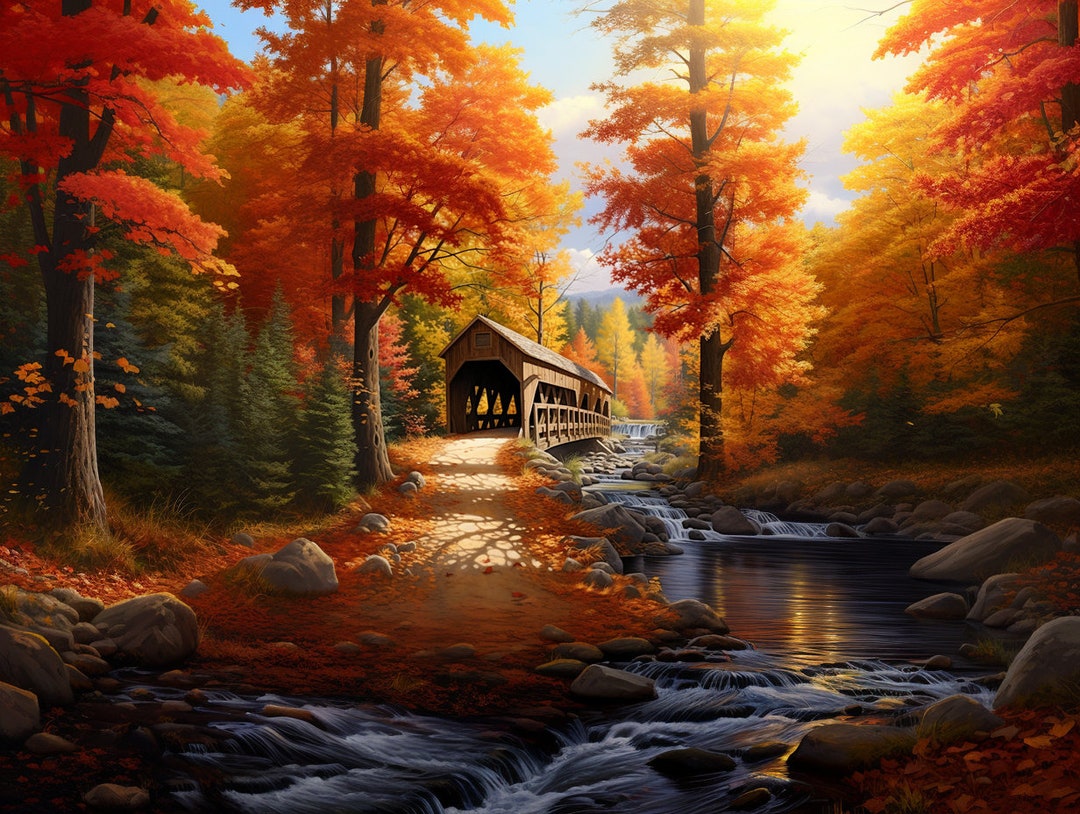 Wood-covered Bridge in Fall. Digital Download - Etsy