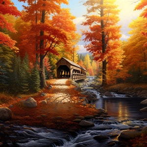 Wood-covered bridge in fall. Digital download