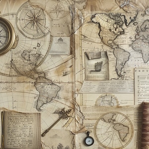 Vintage Weltkarte mit nautischen Instrumenten. Digitaler Download