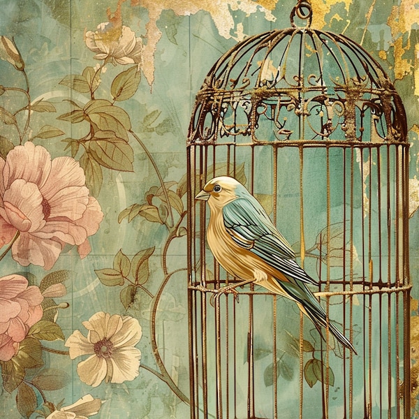 Vintage birdcage with floral background -Digital Download