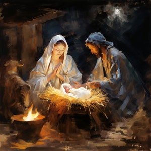 May include: An oil painting depicts the Nativity scene. Mary and Joseph are shown with the baby Jesus in a manger. A fire burns in a small bowl, and a sheep stands nearby. The scene is illuminated by a bright light.