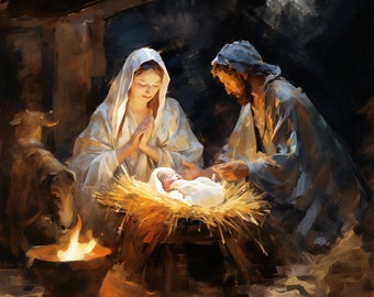 May include: An oil painting depicts the Nativity scene. Mary and Joseph are shown with the baby Jesus in a manger. A fire burns in a small bowl, and a sheep stands nearby. The scene is illuminated by a bright light.