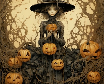 May include: An illustration of a woman in a black dress and hat, holding a carved pumpkin. Several jack-o'-lanterns surround her, set against a backdrop of stylized, gnarled branches. The artwork has a Halloween theme.