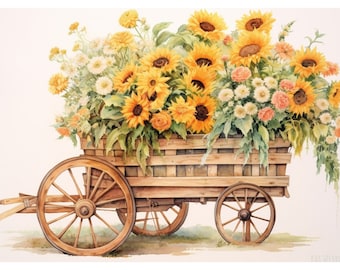 May include: Watercolor painting of a wooden cart overflowing with sunflowers, daisies, and roses. The cart has large wooden wheels and is filled with vibrant yellow, orange, and white flowers. The scene is set against a soft, off-white background.