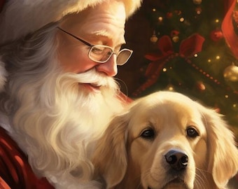 May include: A digital painting of Santa Claus with a golden retriever dog. Santa is wearing a red suit and hat with white fur trim and glasses. The dog has light brown fur and is looking at the viewer.