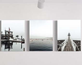 Lighthouse Sailboat Fishing Dock Coastal Maine Framed Art Print Photography by Domenica Rossi Set of 3