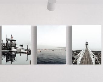 Coastal Maine Art Print Set: vuurtoren, zeilboot, aanlegsteiger (digitale download)