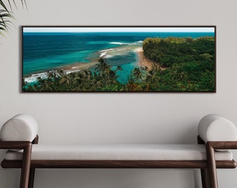 Canvas Hawaii Coastal Beach Birds Eye Floating Frame Panoramic Print Photography Art by Domenica Rossi