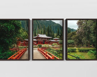 Buddhist Japanese Temple O'ahu Hawaii Print Poster or Framed photography art by Domenica Rossi 1 or 3 piece triptych