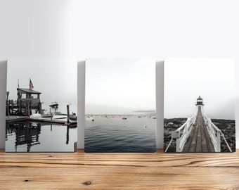 Canvas Prints Lighthouse Sailboat Coastal Fishing Dock in Maine Framed Art Print Photography by Domenica Rossi Set of 3