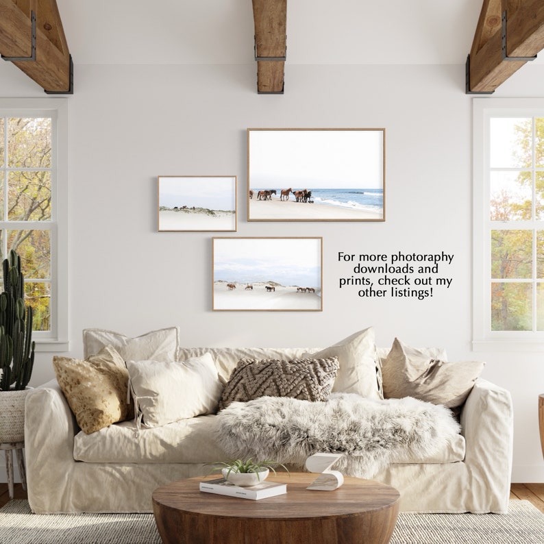 May include: Three framed photographs of horses running on a beach. The photos are hung on a white wall in a living room setting with a couch, coffee table, and a cactus plant.