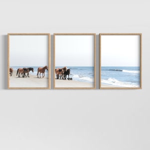 May include: Set of three framed prints featuring horses on a sandy beach with the ocean in the background. The horses are various shades of brown and black. The frames are light brown.