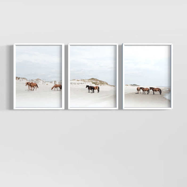 May include: A set of three framed prints featuring brown horses on a sandy beach. The horses are standing and walking on the beach, with the ocean in the background. The prints are in white frames.