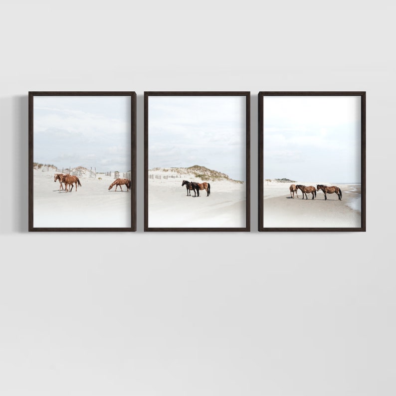 May include: A set of three framed prints featuring brown horses on a white sandy beach. The horses are standing and walking on the beach, with the ocean in the background.