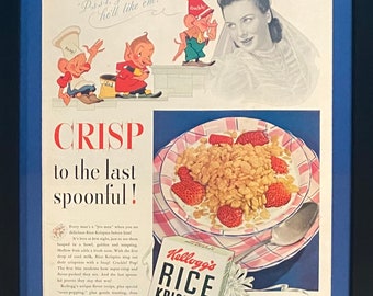 Vintage 1941 Kellogg's Rice Krispies Framed Magazine Ad 16x12