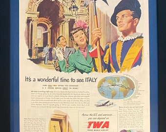 Vintage 1949 TWA Visiting Italy Saturday Evening Post Framed Magazine Ad 16x12