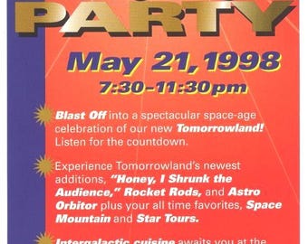 Programa de Disneyland New Tomorrowland para la fiesta de despegue de los miembros del elenco el 21 de mayo de 1998